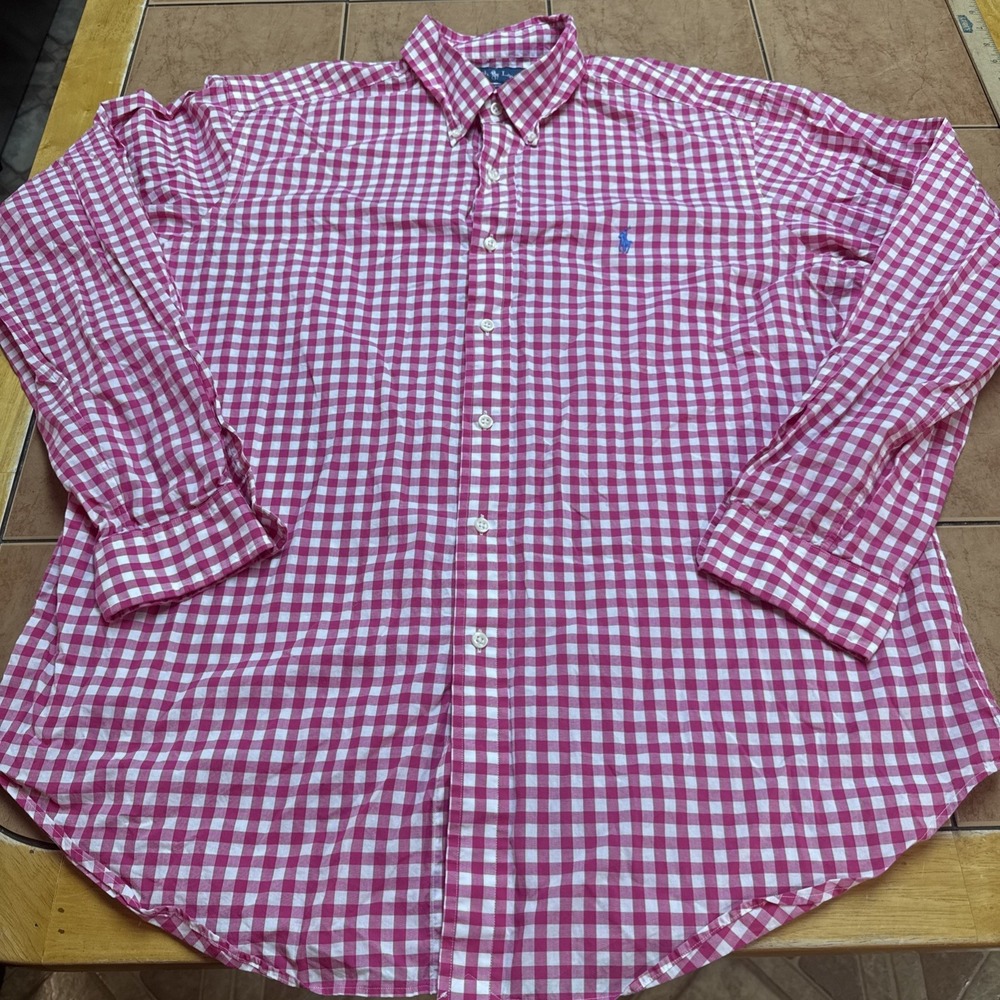 Ralph Lauren Pink Gingham Plaid Button Front Shirt Sz XL Classic Fit Cotton Pony